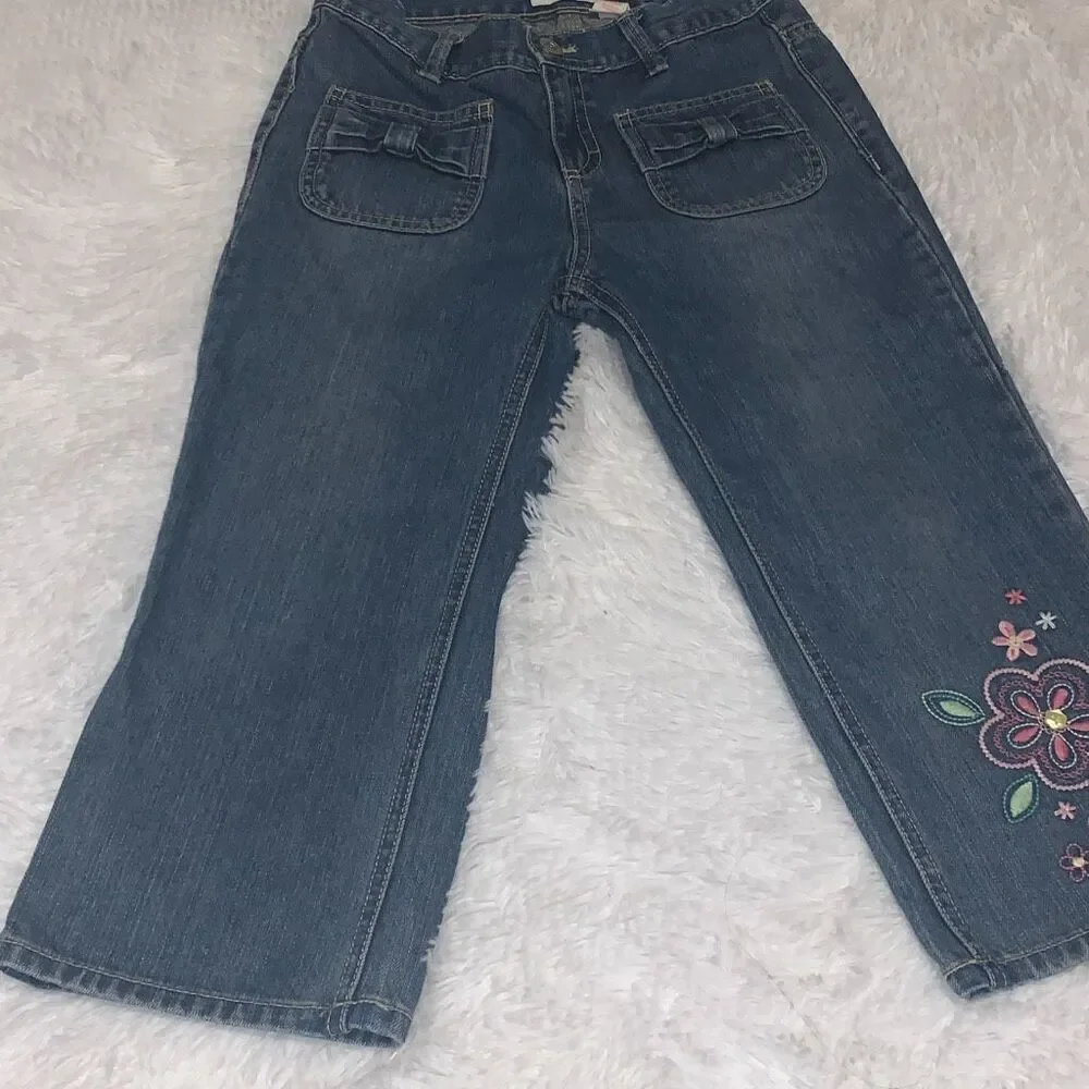Vintage OSHKOSH Floral Embroidered Denim Jeans Girl12 Blue‎ Cropped